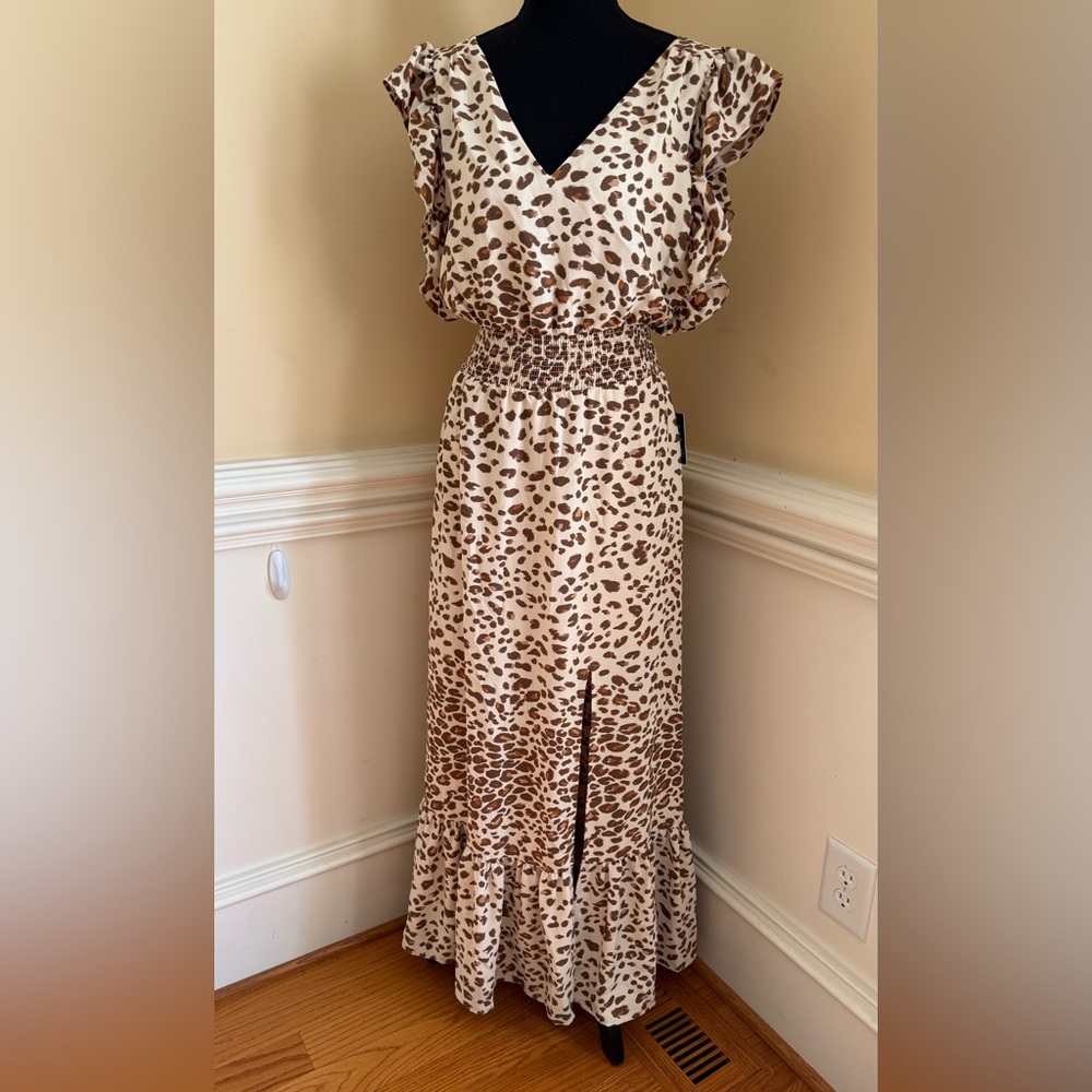 Leopard Print Ruffle Sleeve Maxi Dress Sz S